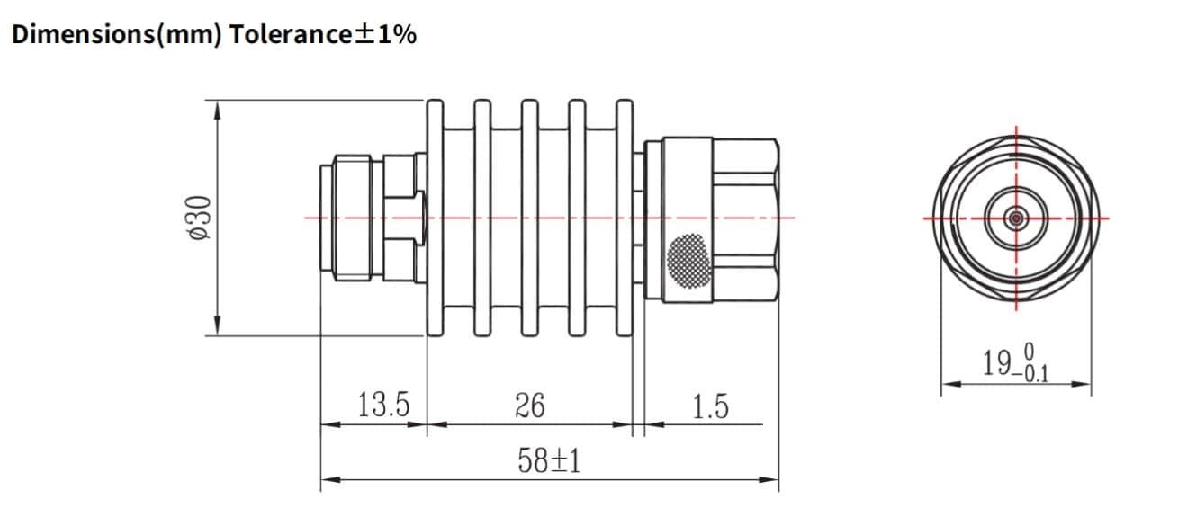 6dB Fixed Attenuator, N Male to N Female, 10Watts, DC-18 GHz, Round, VSWR
