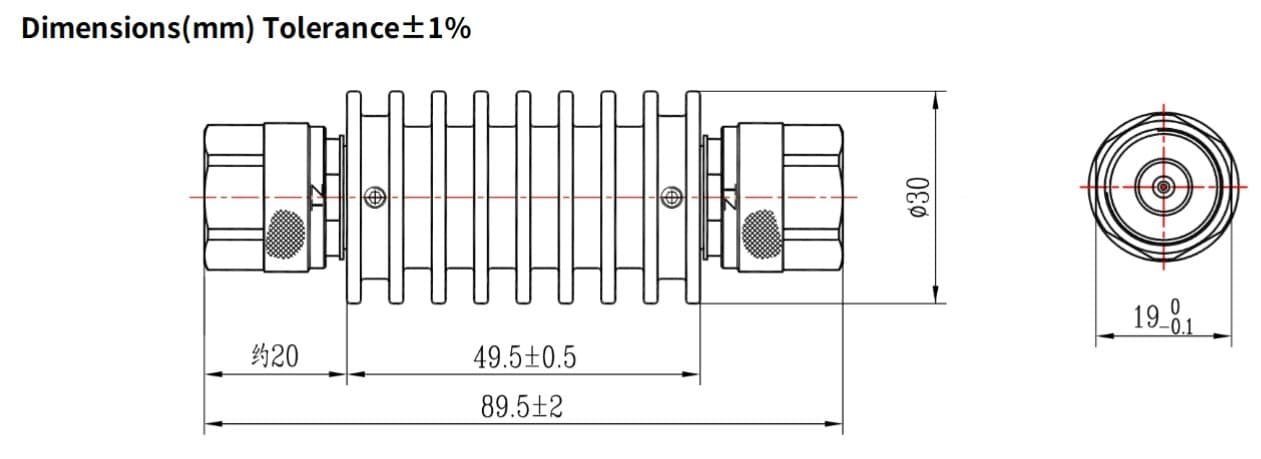 6dB Fixed Attenuator, N Male to N Male, 10Watts, DC-18 GHz, Round, VSWR