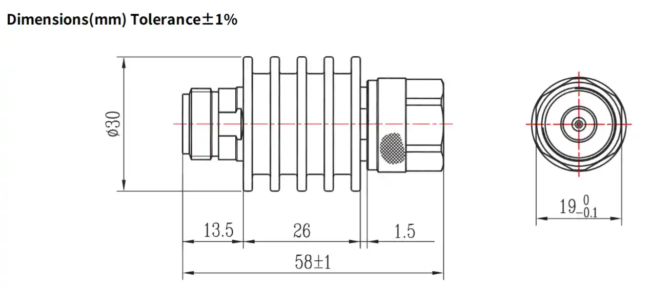 10dB Fixed Attenuator, N Male to N Female, 10Watts, DC-18 GHz, Round, VSWR