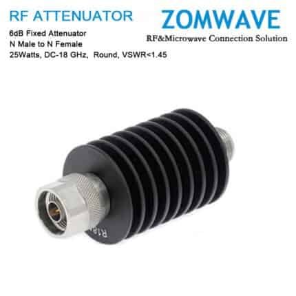 6dB Fixed Attenuator, N Male to N Female, 25Watts, DC-18 GHz, Round, VSWR