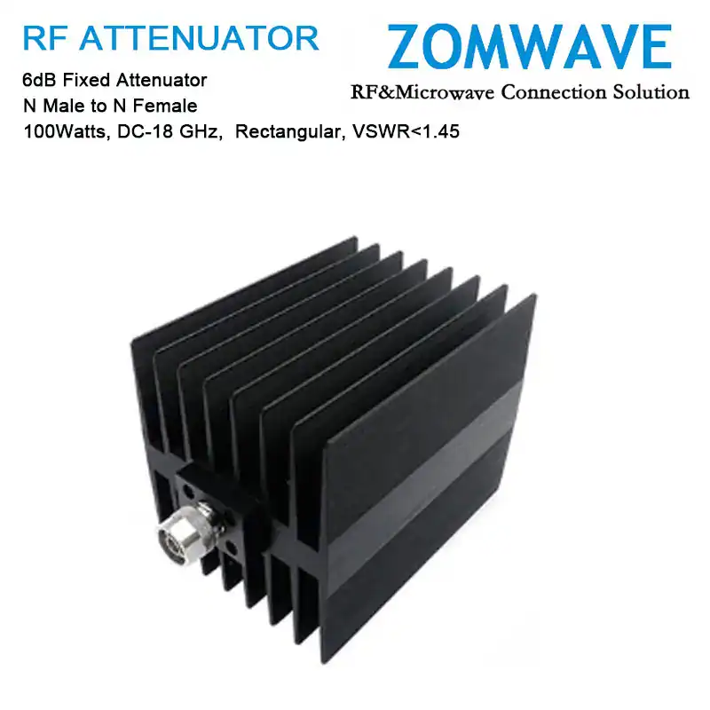 6dB Fixed Attenuator, N Male to N Female, 100Watts, DC-18 GHz, Rectangular, VSWR<1.45 6dB Fixed Attenuator, N Male to N Female, 100Watts, DC-18 GHz, Rectangular, VSWR