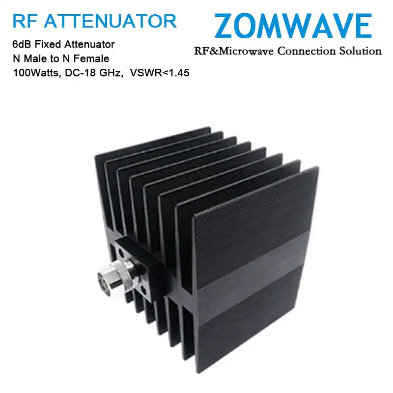 6dB Fixed Attenuator, N Male to N Female, 100Watts, DC-18 GHz, VSWR<1.45 6dB Fixed Attenuator, N Male to N Female, 100Watts, DC-18 GHz, VSWR