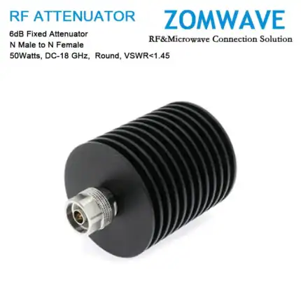 6dB Fixed Attenuator, N Male to N Female, 50Watts, DC-18 GHz, Round, VSWR