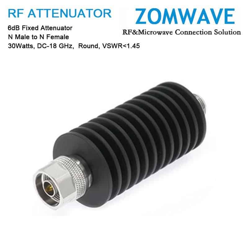 6dB Fixed Attenuator, N Male to N Female, 30Watts, DC-18 GHz, Round, VSWR<1.45 6dB Fixed Attenuator, N Male to N Female, 30Watts, DC-18 GHz, Round, VSWR