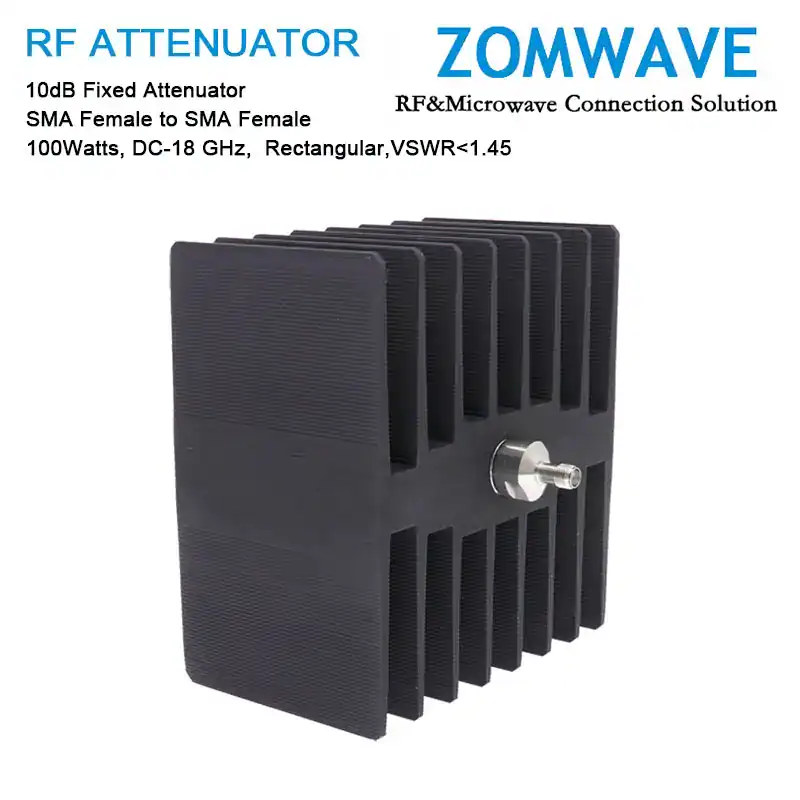 10dB Fixed Attenuator, SMA Female to SMA Female, 100Watts, DC-18 GHz, Rectangular, VSWR<1.45 10dB Fixed Attenuator, SMA Female to SMA Female, 100Watts, DC-18 GHz, Rectangular, VSWR