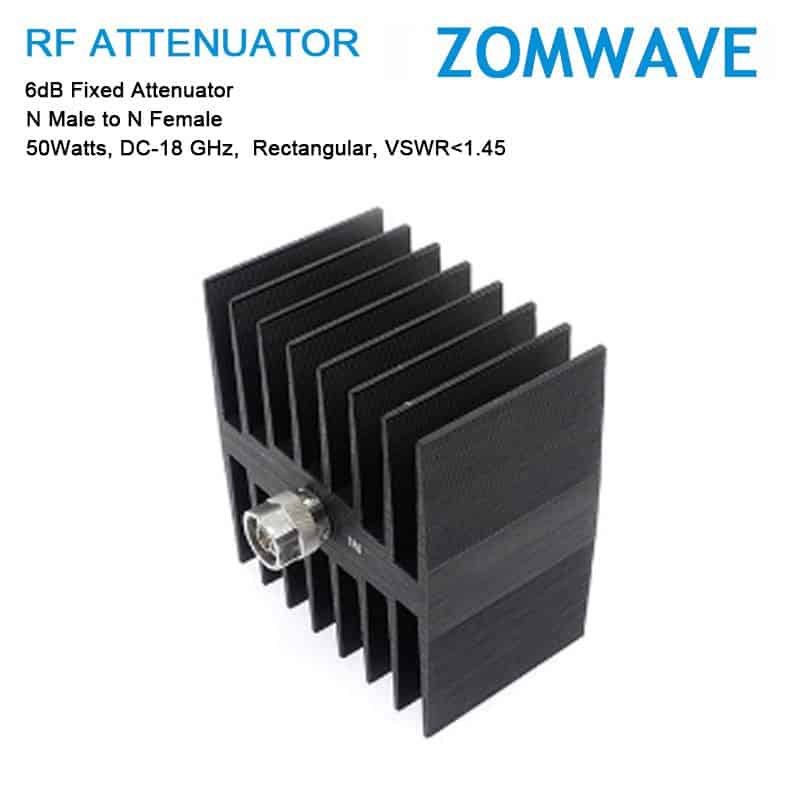 8dB Fixed Attenuator, N Male to N Female, 50Watts, DC-18 GHz, Rectangular, VSWR<1.45 8dB Fixed Attenuator, N Male to N Female, 50Watts, DC-18 GHz, Rectangular, VSWR