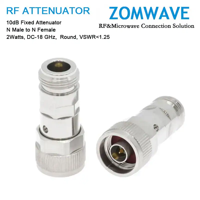 10dB Fixed Attenuator, N Male to N Female, 2Watts, DC-18 GHz, Round, VSWR<1.25 10dB Fixed Attenuator, N Male to N Female, 2Watts, DC-18 GHz, Round, VSWR