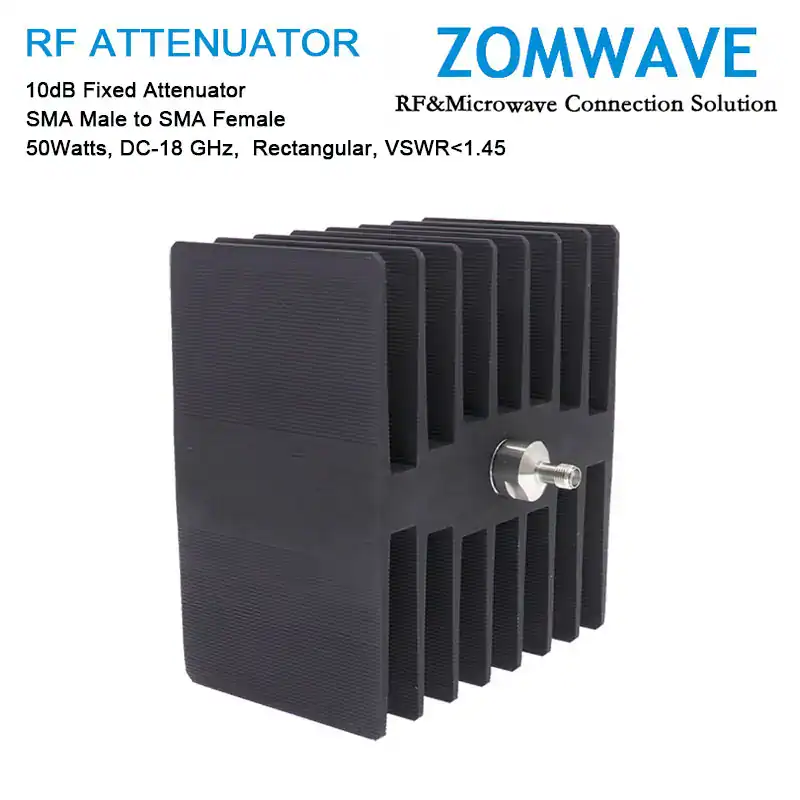 10dB Fixed Attenuator, SMA Male to SMA Female, 50Watts, DC-18 GHz, Rectangular, VSWR<1.45 10dB Fixed Attenuator, SMA Male to SMA Female, 50Watts, DC-18 GHz, Rectangular, VSWR