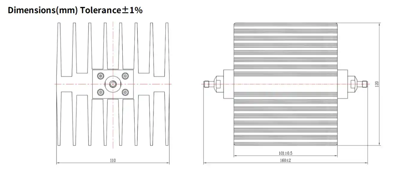 10dB Fixed Attenuator, SMA Female to SMA Female, 100Watts, DC-18 GHz, Rectangular, VSWR