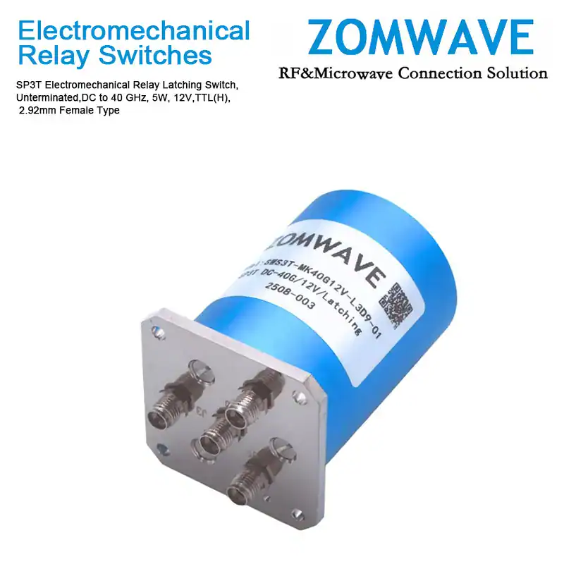 SP3T Electromechanical Relay Latching Switch, Unterminated DC to 40 GHz, 5W, 12V,TTL(H), 2.92mm Female Type-Front