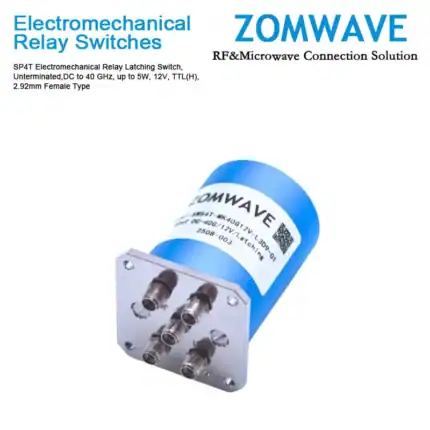 SP4T Electromechanical Relay Latching Switch, Unterminated DC to 40 GHz, up to 5W, 12V, TTL(H), 2.92mm Female Type-Front