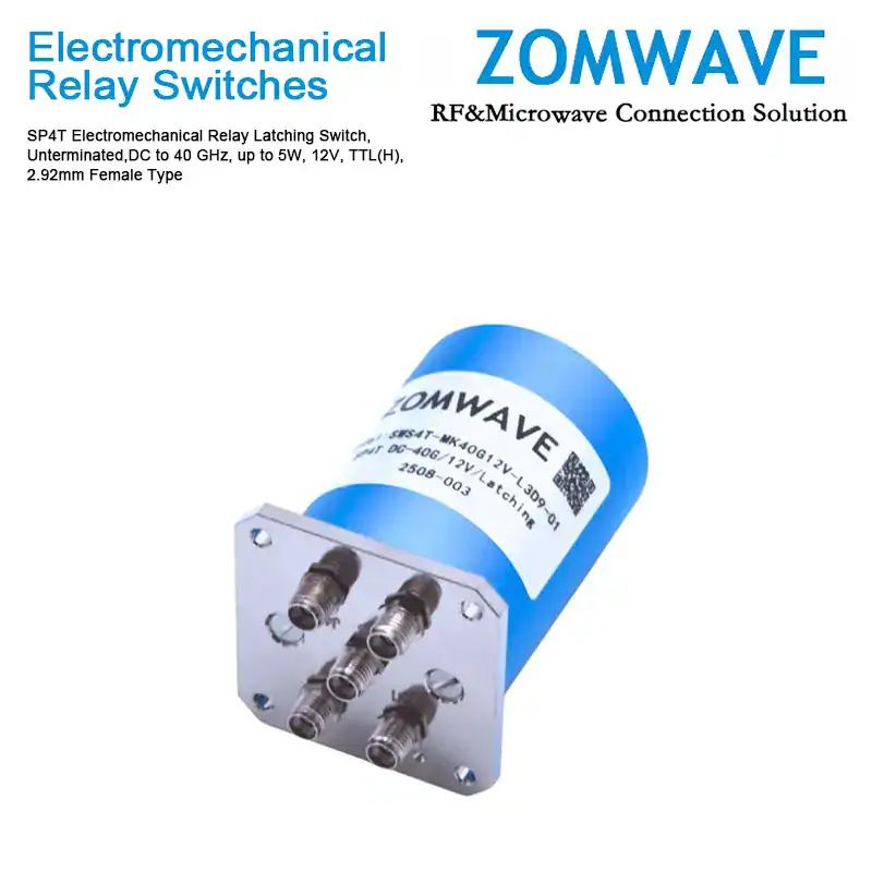 SP4T Electromechanical Relay Latching Switch, Unterminated DC to 40 GHz, up to 5W, 12V, TTL(H), 2.92mm Female Type-Front