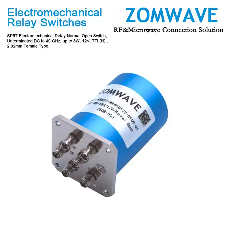 SP5T Electromechanical Relay Normal Open Switch, Unterminated DC to 40 GHz, up to 5W, 12V, TTL(H), 2.92mm Female Type-Front