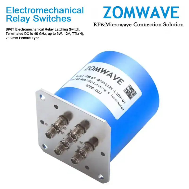 SP6T Electromechanical Relay Latching Switch, Terminated DC to 40 GHz, up to 5W, 12V, TTL(H), 2.92mm Female Type-Front