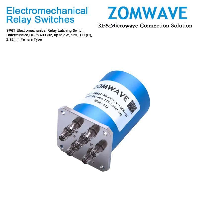 SP6T Electromechanical Relay Latching Switch, Unterminated DC to 40 GHz, up to 5W, 12V, TTL(H) , 2.92mm Female Type-Front