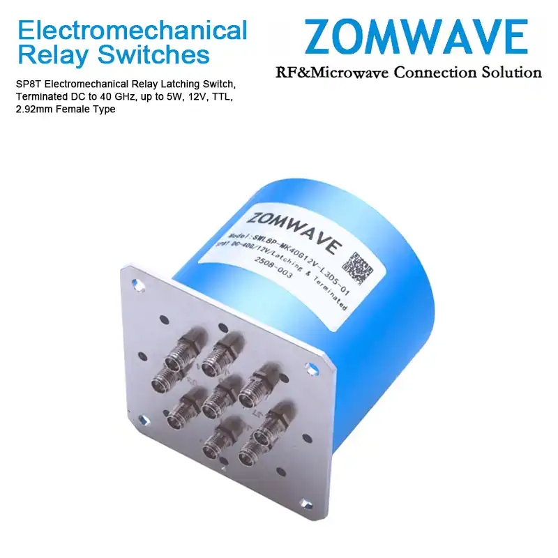 SP8T Electromechanical Relay Latching Switch, Terminated DC to 40 GHz, up to 5W, 12V, TTL, 2.92mm Female Type-Front