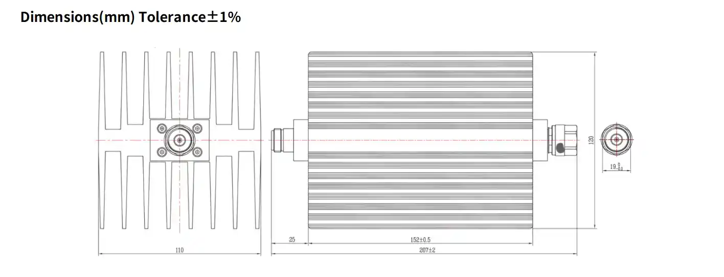 6dB Fixed Attenuator, N Male to N Female, 100Watts, DC-18 GHz, Rectangular, VSWR