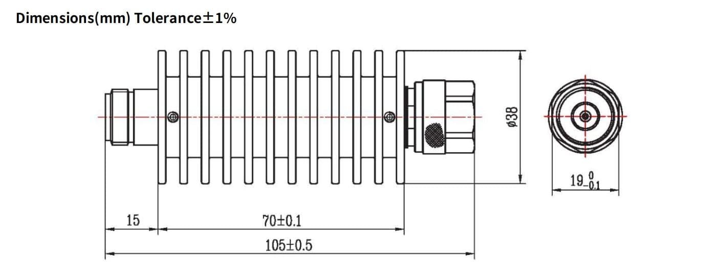 6dB Fixed Attenuator, N Male to N Female, 30Watts, DC-18 GHz, Round, VSWR