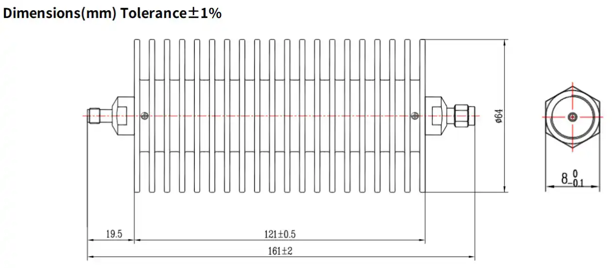 10dB Fixed Attenuator, SMA Male to SMA Female, 100Watts, DC-18 GHz, Round, VSWR