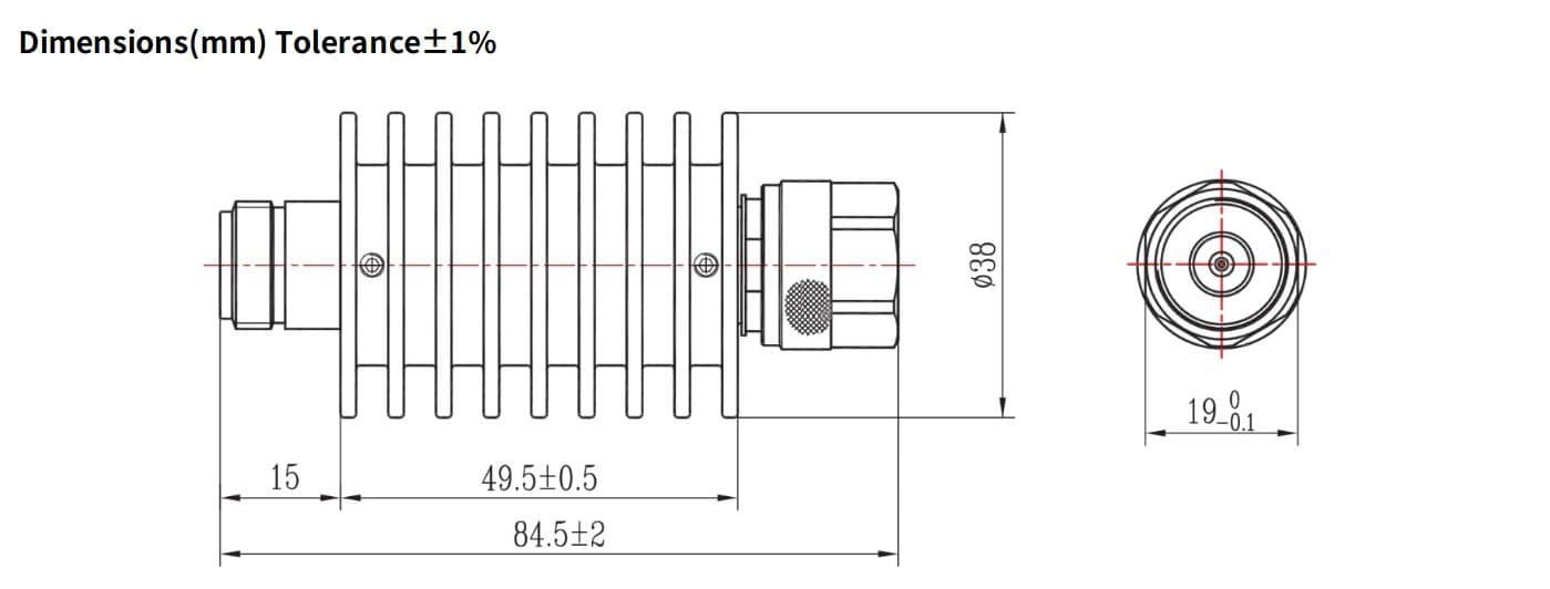 6dB Fixed Attenuator, N Male to N Female, 25Watts, DC-18 GHz, Round, VSWR