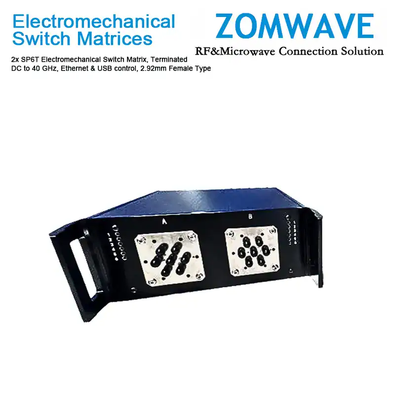 2x SP6T Electromechanical Switch Matrix, Terminated, DC to 40 GHz, Ethernet & USB control, 2.92mm Female Type 2x SP6T Electromechanical Switch Matrix, Terminated, DC to 40 GHz, Ethernet & USB control, 2.92mm Female Type