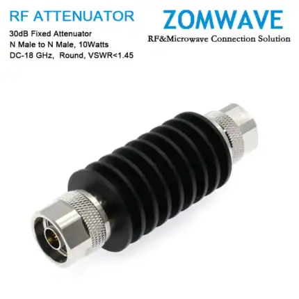 30dB Fixed Attenuator, N Male to N Male, 10Watts, DC-18 GHz, Round, VSWR