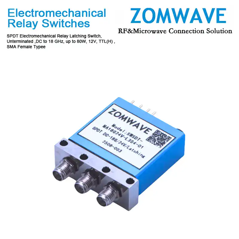 SPDT Electromechanical Relay Latching Switch, Unterminated DC to 18 GHz, up to 80W, 12V, TTL(H) , SMA Female Type