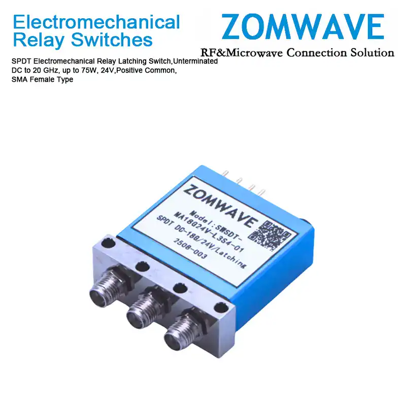 SPDT Electromechanical Relay Latching Switch, Unterminated DC to 20 GHz, up to 75W, 24V,Positive Common, SMA Female Type