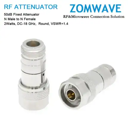 50dB Fixed Attenuator, N Male to N Female, 2Watts, DC-18 GHz, Round, VSWR
