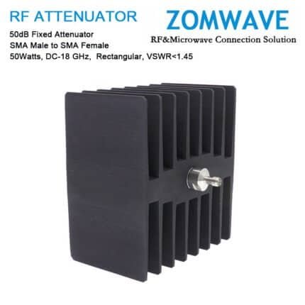 50dB Fixed Attenuator, SMA Male to SMA Female, 50Watts, DC-18 GHz, Rectangular, VSWR