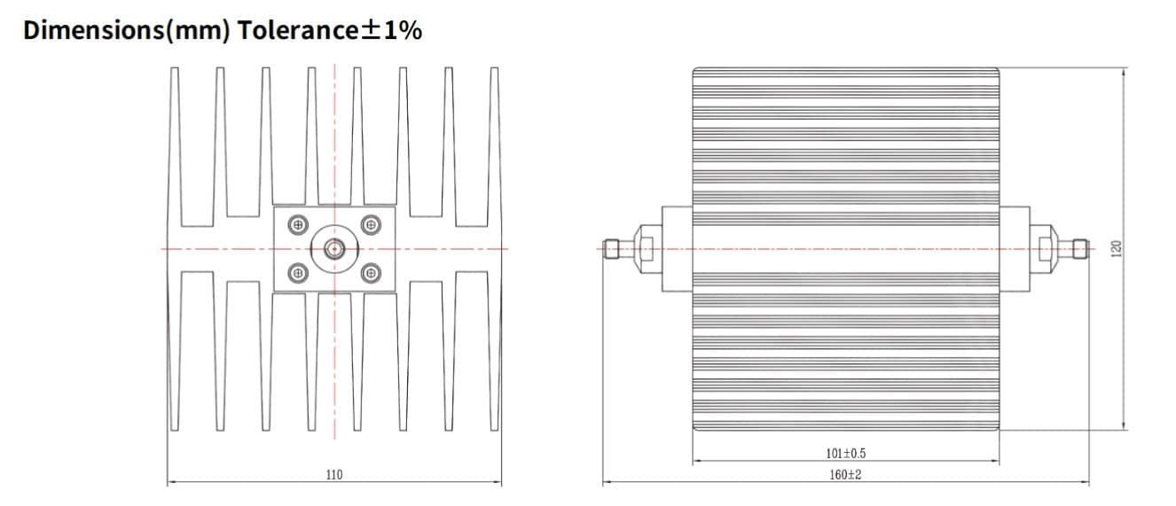 50dB Fixed Attenuator, SMA Female to SMA Female, 100Watts, DC-18 GHz, Rectangular, VSWR
