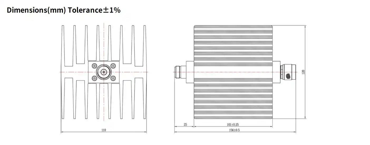40dB Fixed Attenuator, N Male to N Female, 100Watts, DC-18 GHz, VSWR
