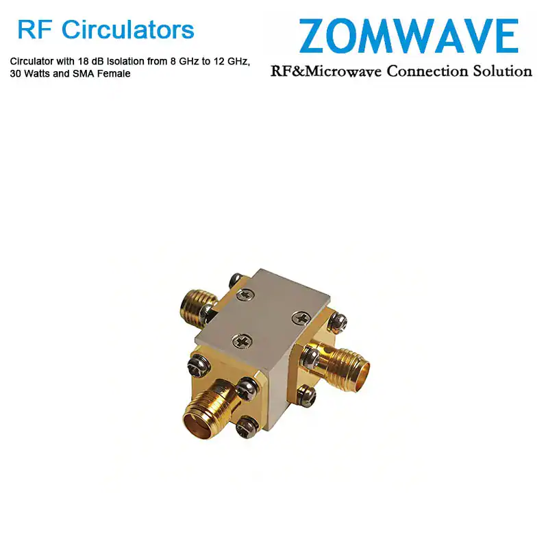 Circulator with 20 dB lsolation from 8.9 GHz to 9.1 GHz, 30 Watts and SMA Female
