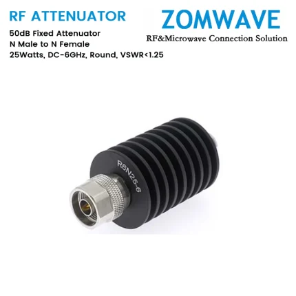 50dB Fixed Attenuator, N Male to N Female, 25Watts, DC-6GHz, Round, VSWR1.25