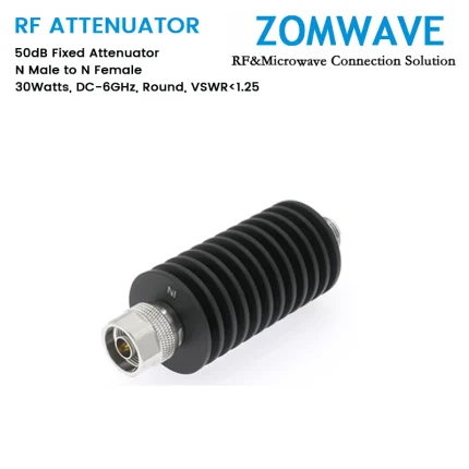 50dB Fixed Attenuator, N Male to N Female, 30Watts, DC-6GHz, Round, VSWR1.25