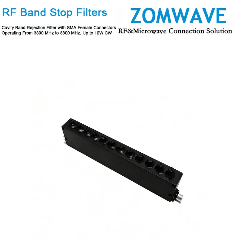 Cavity Band Rejection Filter with SMA Female Connectors Operating From 3300 MHz to 3800 MHz, Up to 10W CW