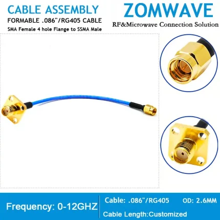 SMA Female 4 hole Flange to SSMA Male, Formable .086''_RG405 Cable, 12GHz
