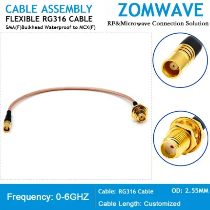 SMA Female Bulkhead Waterproof to MCX Female, RG316 Cable, 6GHz