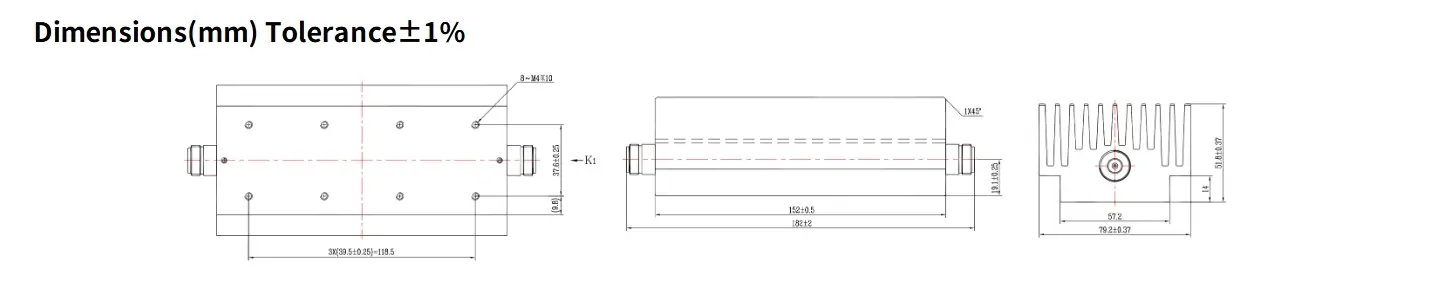 50dB Fixed Attenuator, N Female to N Female, 200Watts, DC-8GHz, Rectangular, VSWR1.25