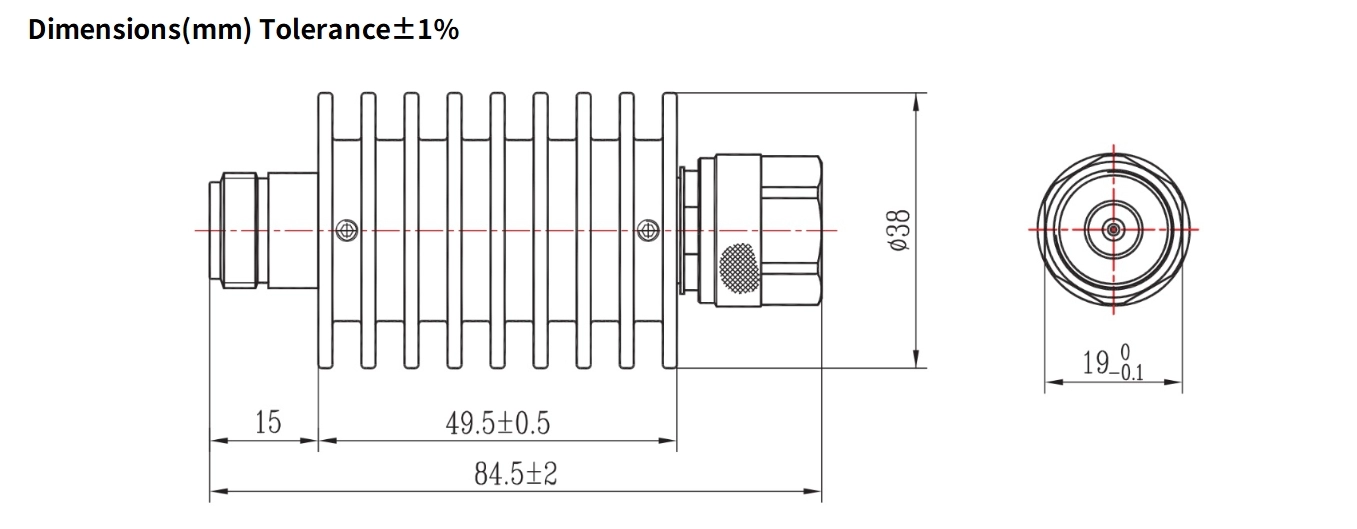 50dB Fixed Attenuator, N Male to N Female, 25Watts, DC-6GHz, Round, VSWR1.25