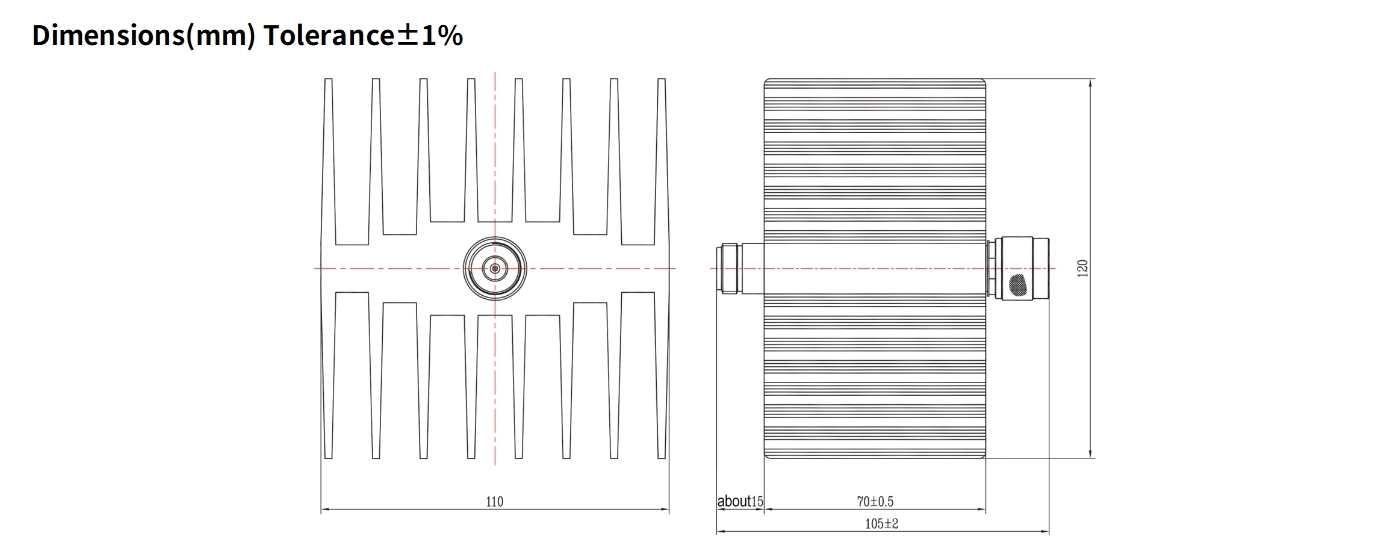 50dB Fixed Attenuator, N Male to N Female, 50Watts, DC-6GHz, Rectangular, VSWR1.25