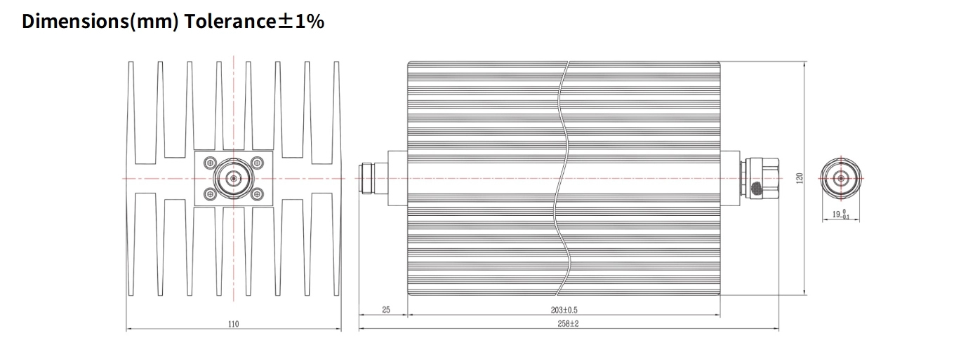 60dB Fixed Attenuator, N Male to N Female, 200Watts, DC-8.5GHz, Rectangular, VSWR1.25