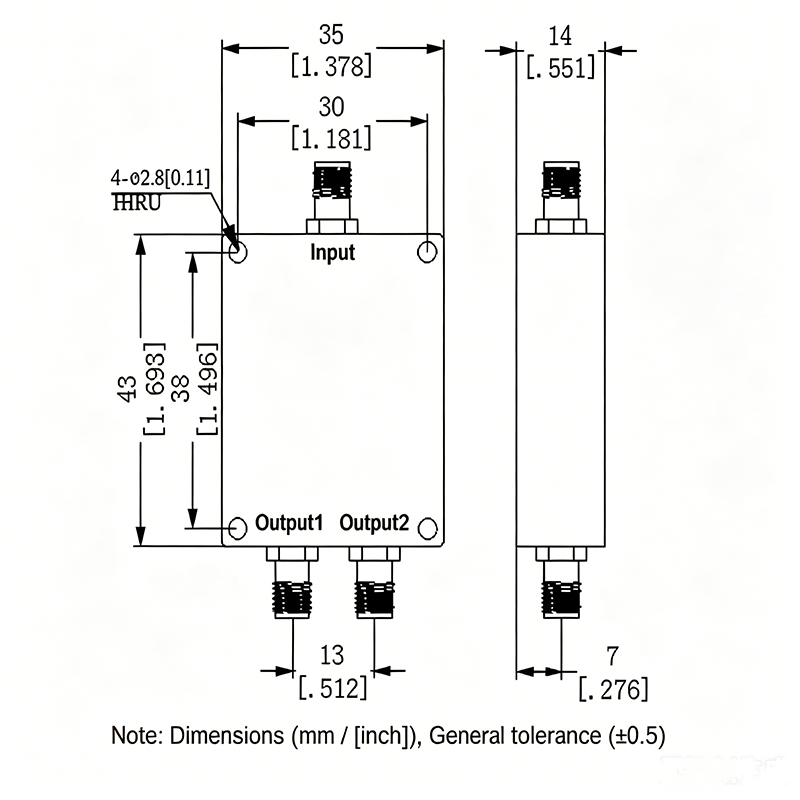 2 Way SMA Power Divider from 0.8 GHz to 2.7 GHz Rated at 30 Watts