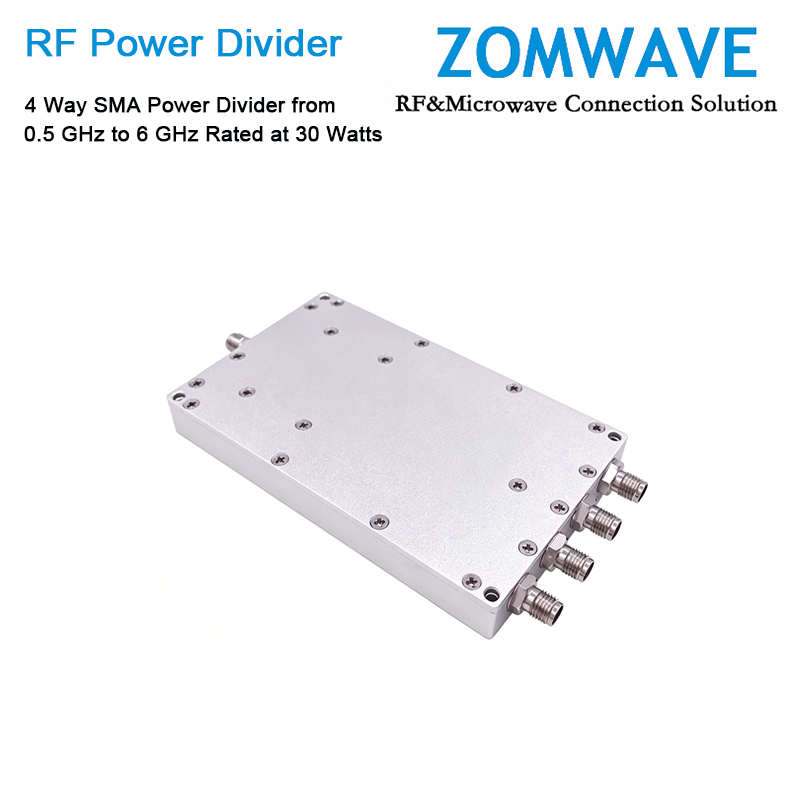 4 Way SMA Power Divider from 0.5 GHz to 6 GHz Rated at 30 Watts