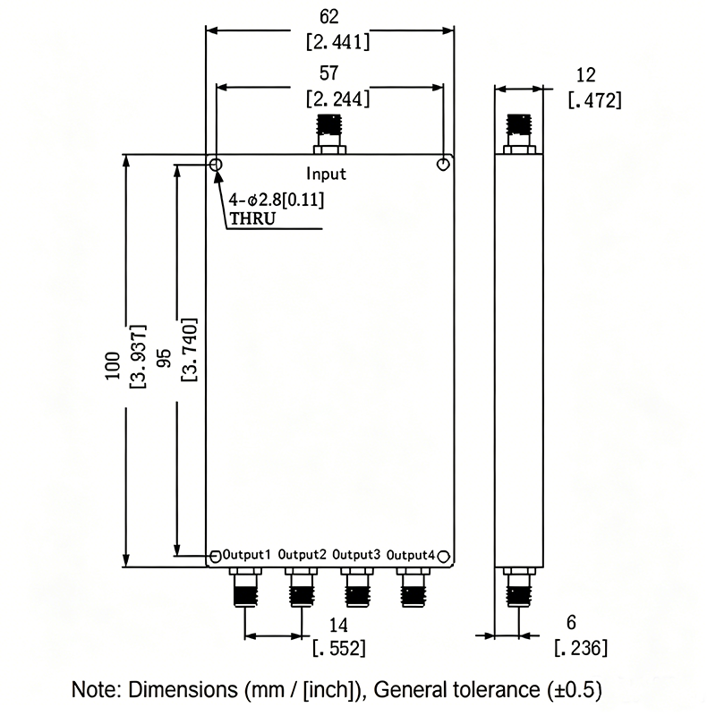 4 Way SMA Power Divider from 0.5 GHz to 6 GHz Rated at 30 Watts