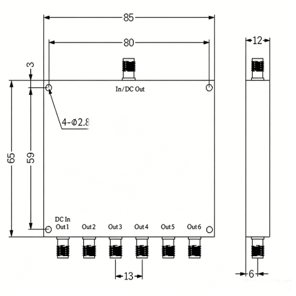 6 Way SMA Power Divider from 1100 MHz to1700 MHz Rated at 30 Watts