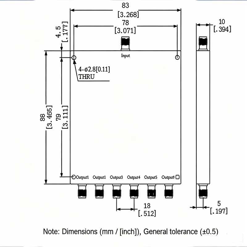6 Way SMA Power Divider from 2 GHz to 8 GHz Rated at 30 Watts