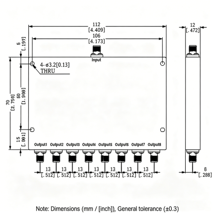 8 Way SMA Power Divider from 0.8 GHz to 2.7 GHz Rated at 30 Watts
