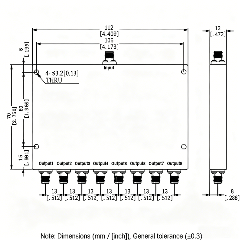 8 Way SMA Power Divider from 0.8 GHz to 2.7 GHz Rated at 30 Watts