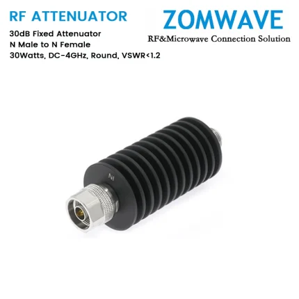 30dB Fixed Attenuator, N Male to N Female, 30Watts, DC-4GHz, Round, VSWR1.2